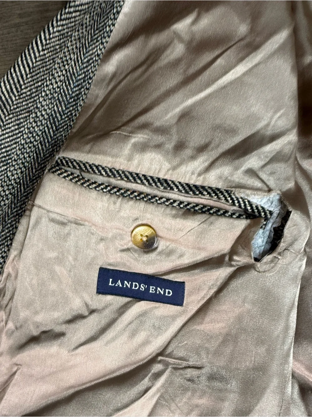 Lands’ End 46L Lambswool Herringbone Tweed Blazer Sport Coat Gray 2 Button